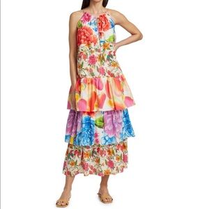 NWT Farm Rio white mixed prints tiered maxi dress